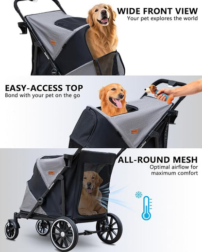 Dog Stroller for Large Dogs & Cats up to 130 lbs,Foldable Large Pet Stroller for 2 Dogs with 360° Wear-Resistant Rubber Wheels Mesh Windows,Extra Large Heavy Duty,All Terrain Wagon Cart with Air Mesh