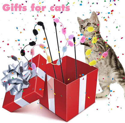 cobee Cat String Toys, 3 Pack Interactive Cat Teaser Wand String Toys Colorful Ribbon with Furry Plush Balls for Kittens Stick Cat Toys for Indoor, Cats to Play Chase Exercise