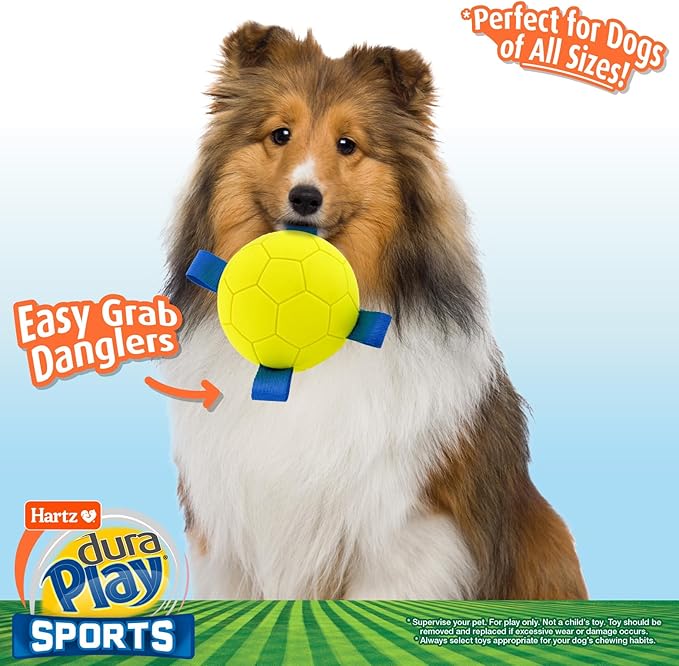 Hartz Dura Play Sports Soccer Dog Toy, Bacon Scented Squeaky Latex Yellow & Blue Toy, 1 Count