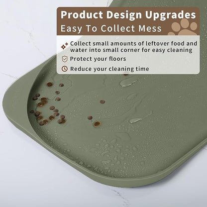 Silicone Pet Food Mat with Raised Edge for Food and Water Bowl, Dog Feeding Mats, Cat Food Trays for Floor Waterproof, Rubber Tray for Dogs and Cats, 24 x 16 x 0.8 Light Olive Green