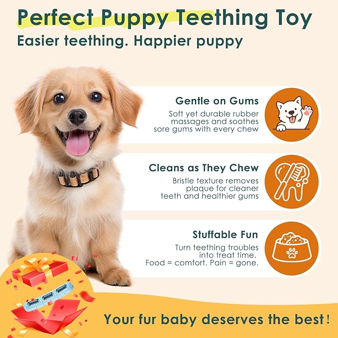 Bite and Brush Puppy Teething Chew Toy with Bristles, Stuffable Rubber Teether for Small Medium Dogs, BPA-Free, Teeth Cleaning & Teething Relief, Keeps Puppy Busy（Upgraded 3.0 - Blue）
