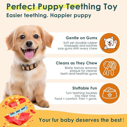 Bite and Brush Puppy Teething Chew Toy with Bristles, Stuffable Rubber Teether for Small Medium Dogs, BPA-Free, Teeth Cleaning & Teething Relief, Keeps Puppy Busy（Upgraded 3.0 - Blue）