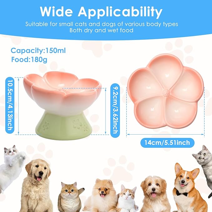 Ceramic Raised Slow Feeder Dog Bowl for Dry Wet Food, Smooth Surface Elevated Cat Food Bowl, Flower Shape Pet Food Bowls for Small Cat Dog, 150ml/5oz (Style 2)