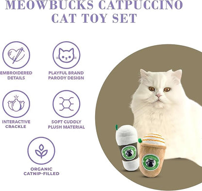 Meowbucks Catpuccino Set, Plush Cat Toys Catnip Filled with Interactive Crackle Sound, Safe & Durable Toys for Cat & Kitten, 2 Pcs