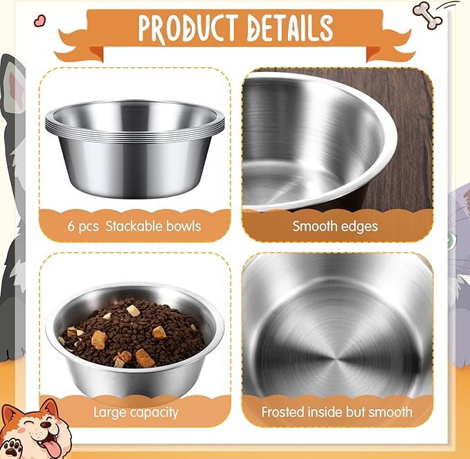 Yahenda 6 Pcs Stainless Steel Metal Dog Bowls Bulk Replacement Basic Thickened Pet Bowls for Small Medium Large Dogs, Dishwasher Safe(8.3 Inch)