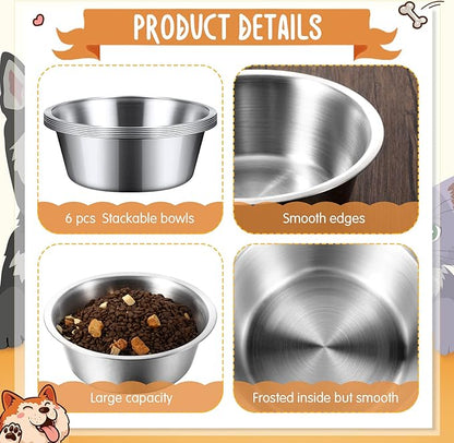 Yahenda 6 Pcs Stainless Steel Metal Dog Bowls Bulk Replacement Basic Thickened Pet Bowls for Small Medium Large Dogs, Dishwasher Safe(8.3 Inch)