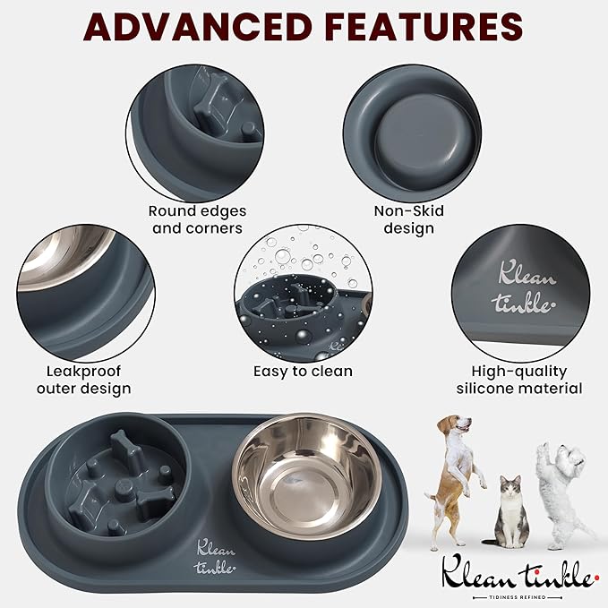 Pets Dog Bowl Set - Anti Skid Removable Double Slow Feeder Dog Bowls with Non Skid Silicone Mat - Stainless Steel Dog Water Bowl for Cats & Pets – A Beautiful Slate Gray Color