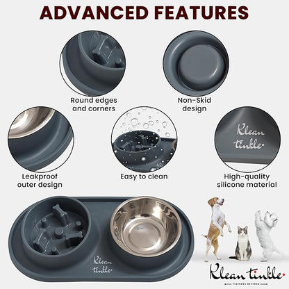 Pets Dog Bowl Set - Anti Skid Removable Double Slow Feeder Dog Bowls with Non Skid Silicone Mat - Stainless Steel Dog Water Bowl for Cats & Pets – A Beautiful Slate Gray Color