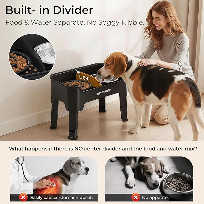 URPOWER Mess Proof Elevated Dog Bowls, High Wall Splash Guard Design, 4 Height Adjustable Raised Bowl Stand, 2 Stainless Steel Bowls, Non-Slip Food Water Set for Small Medium Large Dogs