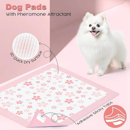 MIZOK Puppy Pads 22"x 22" with Leak-Proof Quick-Dry Design Pee Pads for Dogs Potty Training, 6-Layer Standard Absorbency Dog Pee Pads Regular Size, Pink Cherry Blossom Pattern (50 Counts)