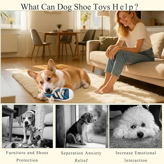 Interactive Squeaky Dog Toy with Jingle Bell - Shoe-Shaped Chew Toy for Puppy Teething, Thickened Laces for Small and Medium Breeds Tug-of-War, Not for Aggressive Chewers (Blue)