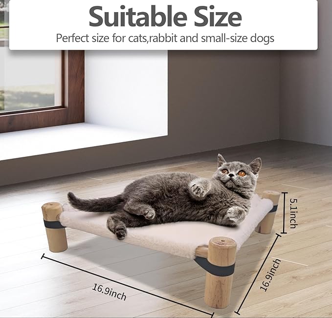 Pozico Cat Hammock Bed – Wooden Elevated Cat/Dog Bed with Fluffy Winter Fabric – Raised Pet Cot Furniture for Small Dogs, Cats & Small Animals – Warm Plush Indoor Lounger – Portable & Washable – Pink