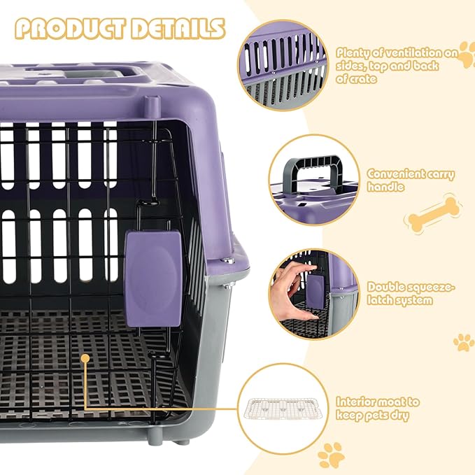 2 Set Travel Pet Carriers for Small Cat Dog Plastic Hard Shell Carrier Cat with Bowl Wire Door Grille Mat Portable Breathable Security Lock Puppy Kennel for Travel Airline, 17.5", up to 13lbs(Purple)