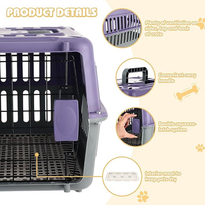 2 Set Travel Pet Carriers for Small Cat Dog Plastic Hard Shell Carrier Cat with Bowl Wire Door Grille Mat Portable Breathable Security Lock Puppy Kennel for Travel Airline, 17.5", up to 13lbs(Purple)