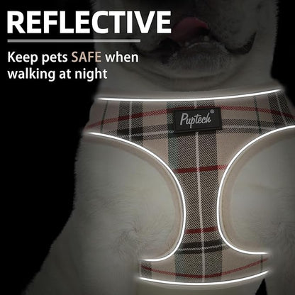 PUPTECK Soft Mesh Dog Harness Small Sized and Leash Set Pet Puppy Cat Comfort Padded Vest No Pull Harnesses, Beige Plaid, Openable Neck, New S