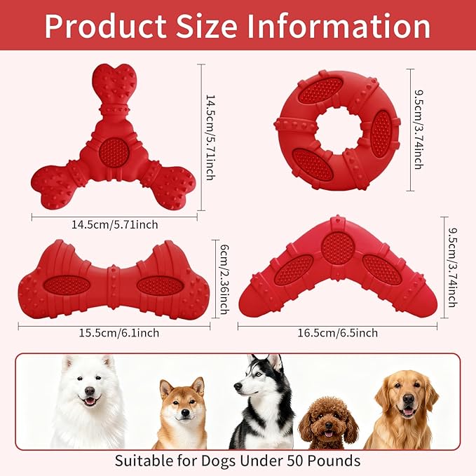 Natural Rubber Dog Chew Toys 4Pack,Tough Dog Toys for Aggressive Chewers Small Medium Breed,Interactive Dog Toys for Puppy to Clean Teeth Gum Massage,Tug & Fetch(Red)