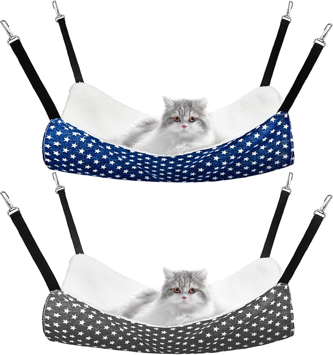 Jetec 2 Pack Cat Hammock for Cage, Catio Accessories Reversible Soft Cats Bed with Adjustable Straps and Hooks Double-Sided Linen and Fleece Hanging Hammock for Cats, Kitten(Pentagram,L)