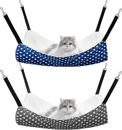 Jetec 2 Pack Cat Hammock for Cage, Catio Accessories Reversible Soft Cats Bed with Adjustable Straps and Hooks Double-Sided Linen and Fleece Hanging Hammock for Cats, Kitten(Pentagram,M)