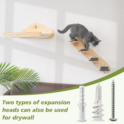 Wall Mounted Cat Hammock with 3 Climbing Steps,Pine Wood Cat Climbing Shelves & Perches up to 30lbs,Kitty Wall Shelf Furniture for Indoor Sleeping, Lounging,Climbing and Playing