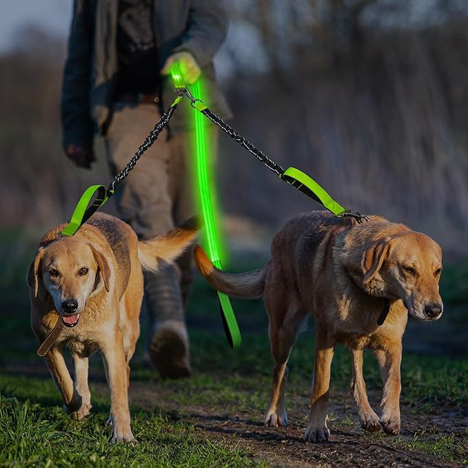 LED Double Dog Leash, 360° Swivel Dual Dog Walking Leash, Comfortable Shock Absorbing Lead for Dog, Reflective Removable Bungee for Two Dogs