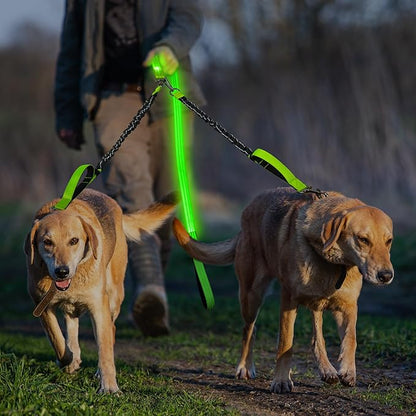LED Double Dog Leash, 360° Swivel Dual Dog Walking Leash, Comfortable Shock Absorbing Lead for Dog, Reflective Removable Bungee for Two Dogs