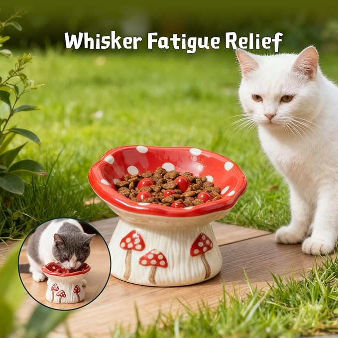 Cat Slow Feeder Bowl, Ceramic Slow Feeder Cat Bowls, Cute Mushroom Elevated Cats Bowl, Anti-Fatigue & Anti-Vomiting