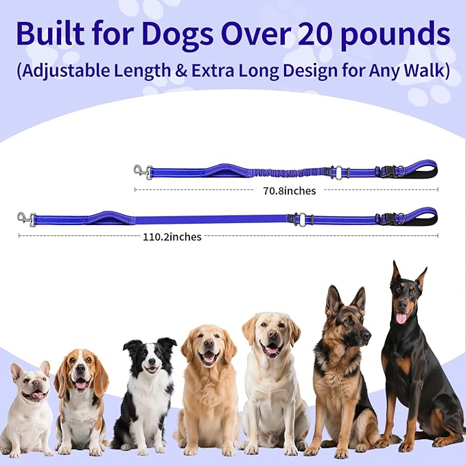 Kazazoo Hands-Free Dog Leash with 6-9FT Adjustable Length - Heavy Duty No Pull Bungee Design, Reflective Safety for Walking, Jogging & Training | Suitable for Medium to Large Dogs Blue L