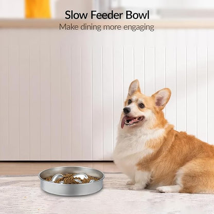 Metal Slow Feeder Dog Bowl, Food Grade Stainless Steel Dog Slow Feed Bowl with Non-Slip Base, 5 Cups Capacity Slowing Eating Pet Dishes Bowls for Puppy, Medium & Large Breed, Hound