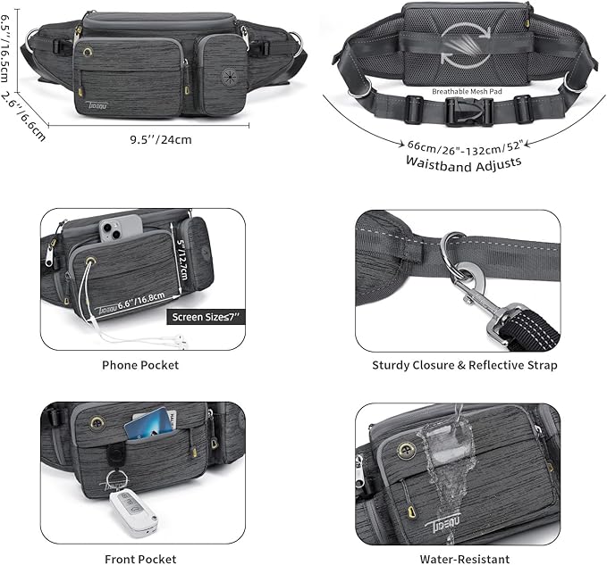 TUDEQU 4-in-1 Running Leash with Large Fanny Pack,Around The Waist Dog Leash Belt, Fanny Pack for Dog Walking