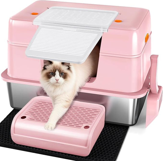 Vivifying Pink Stainless Steel Covered Cat Litter Box – Odor-Control, Easy-Clean Modular Enclosed Kitty Toilet, Elegant Design for Stylish Cat Moms