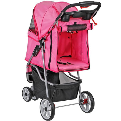 ZENY Foldable Pet Stroller, Cat/Dog Stroller with 3 Wheel, Pet Strolling Cart, Dog Travel Carrier with Storage Basket + Cup Holder (Pink)