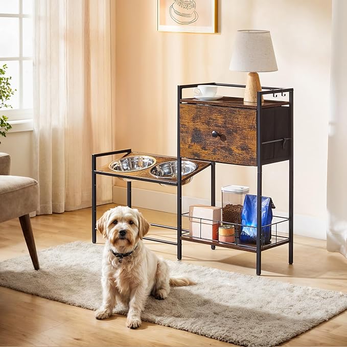 HOOBRO Raised Dog Bowls, Elevated Dog Bowl Stand with 3 Heights Adjustable, 2 Stainless Steel Bowls for Large Medium Breeds, Dogs Feeding Station with Storage, Rustic Brown and Black BF22PO03