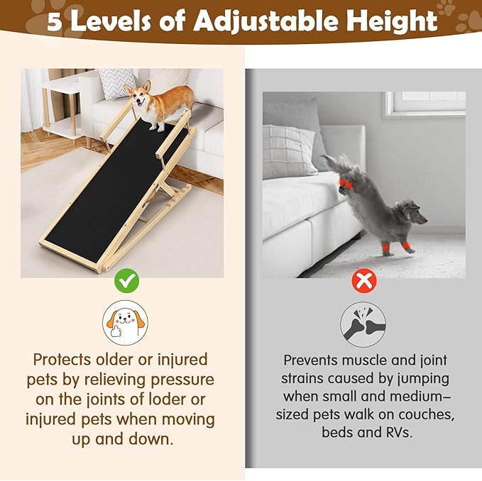 55.11" Adjustable Dog Ramp for Bed - Upgraded Wooden Pet Ramp with Non-Slip Silicone Surface and Side Rails, 6 Height Settings (19.68-27.55"), Holds Up to 250lb, Pet Stairs for Senior & Large Dogs