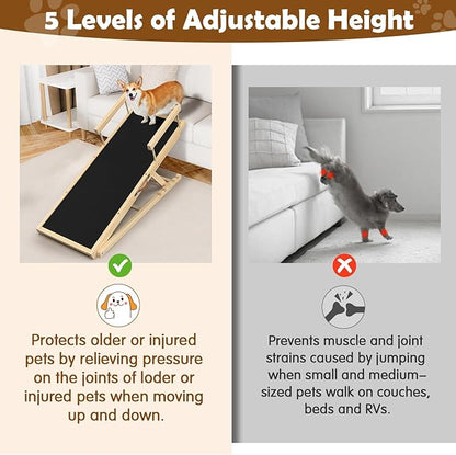 55.11" Adjustable Dog Ramp for Bed - Upgraded Wooden Pet Ramp with Non-Slip Silicone Surface and Side Rails, 6 Height Settings (19.68-27.55"), Holds Up to 250lb, Pet Stairs for Senior & Large Dogs