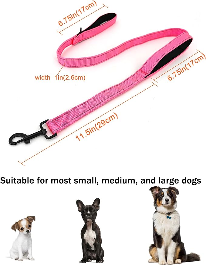 Solmoony 4FT Pink Strong Dog Leash with 2 Padded Handles, Traffic Handle Extra Control, Double-Sided Reflective Walking Lead for Small Medium and Large Dogs(Pink, 4FT)