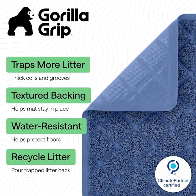 GORILLA GRIP Cat Litter Box Mat, 47x35, Cushioned Coil Mesh Litter Trapping Mats, Scatter Control Supplies for Less Mess, Phthalate Free, Ultra Deep Catch Grooves, Rinse or Vacuum to Clean, Navy Blue