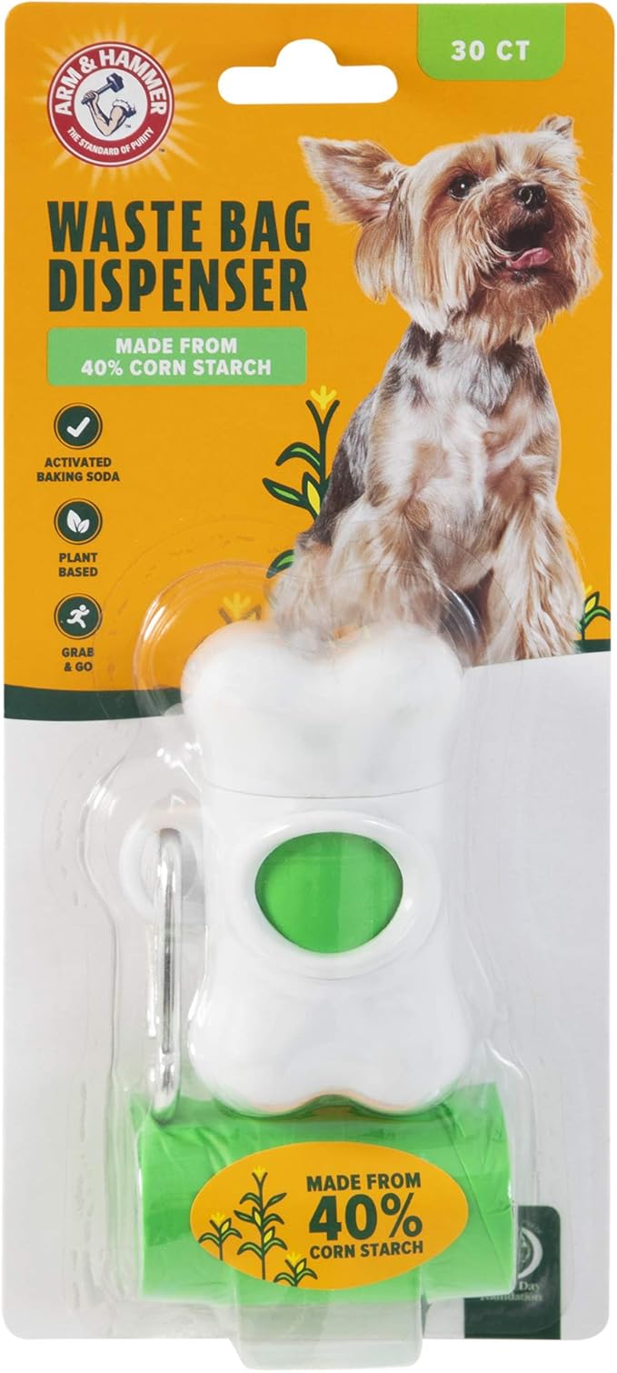 Arm & Hammer Dog Bone Shape Dog Poop Bag Dispenser With 30 Count Plant-Based Poop Bags With Activated Baking Soda; 9 x 14 Inches; White