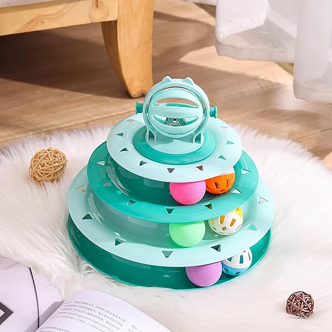 Vealind Cat Toy Roller 4-Level Turntable Cat Toys Balls with 14 Pcs Colorful Pom Pom Balls Interactive Fun Mental Physical Exercise Puzzle Kitten Toys (Orange)
