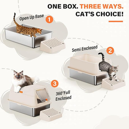 Removable Stainless Steel Cat Litter Box with lid, Front & Top Entry Kitty LitterBox，Cat Litter Box Enclosure, XL Extra Large High-Sided Metal Cat Box with Scoop,Mat,Footboard (Cream)