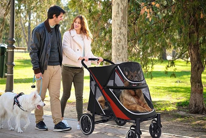 Large Dog Stroller-4 Wheel Pet Strollers for Medium Dogs or 2 Dogs- One-Click Foldable - Large Breathable Mesh & Sunroof - All Terrain Pet Stroller for Medium Senior Dog up to 88 lbs (Black-Red)