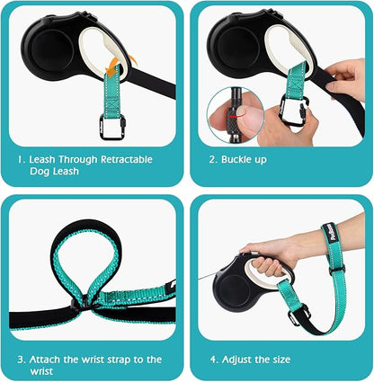 PetBonus Dog Leash Wrist Strap, Safety Strap for Retractable Leash, Lockable Reflective Short Dog Walking Lead with Adjustable Soft Padded Handle, Extra Layer Security for Pet Stroller (Turquoise）