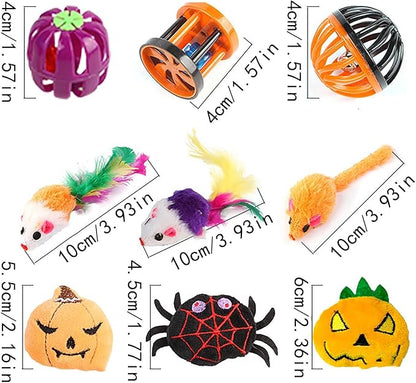 Halloween Cat Tunnel with Toys Set, Gothic Interactive Kitten Toy for Indoor Cats Kitty, Kitten Tube Tent, Feather Wand Teaser Bell Fuzzy Ball Springs Mouse for Small Animals (A, 23.3X15X112.3CM)