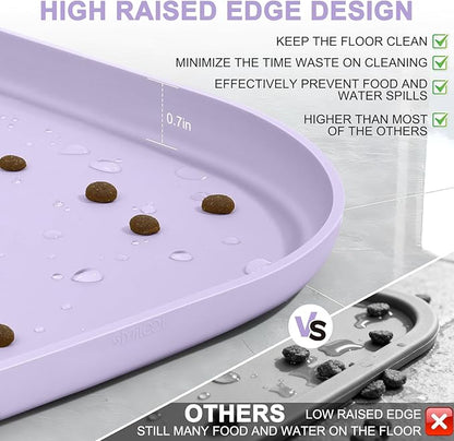 Silicone Pet Food Mat with Raised Edge for Food and Water Bowl, Dog Feeding Mats, Cat Food Trays for Floor Waterproof, Rubber Tray for Dogs and Cats, 19 x 12 x 0.7 Light Purple