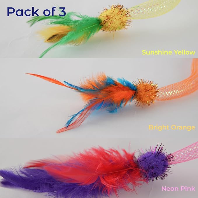 Interactive Cat Wand Toy 3 Pack, Woven Mesh Fishing Pole with Feathers Bell & Pom Pom, Teaser Wand for Bored Indoor Cats and Kittens, Exercise Toy to Stimulate Hunting Instinct — Pink Yellow Orange