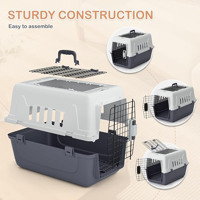 MoNiBloom 22-Inch Dog Crate Plastic 2-Door Top Loading Cat Carrier, Hard-Sided Dog Travel Carrier for Small Dogs and Cats, Ventilation and Security Lock Design for Pets up to 22 lbs (Grey)