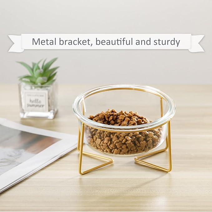 Small Glass Tilted Elevated Cat Dog Bowl Raised Cat Food Water Bowl Dish Pet Comfort Feeding Bowls with Gold Iron Stand