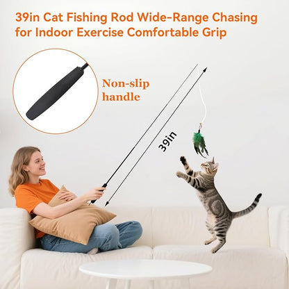 Cat Toy Set 11PCS: Interactive Bird Toys for Indoor Kittens & Cat Teaser Wand, 39" Fishing Pole + 18.5" Short Telescopic Wand, 2 Wires, 6 Feather & 1 Bird Toy – EVA Handles, Exercising, Playing