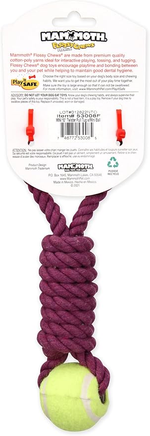 Mammoth Flossy Chews Twister Rope Toy with Tennis Ball – Premium Cotton-Poly Tug Toy for Dogs – Interactive Dog Tug Toy – Rope Dog Toy with Tennis Ball for Small Dogs - Mini 11" - Assorted Colors