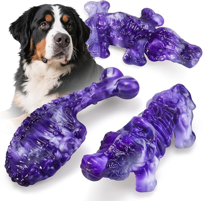 Dog Chew Toys for Aggressive Chewers,3 PCS Tough Dog Toys for Medium and Large Breed, Real Bacon Flavored Best Dog Toys to Keep Them Busy, Reduce Boredom, Hard Dog Bones for Teeth Cleaning (Purple)