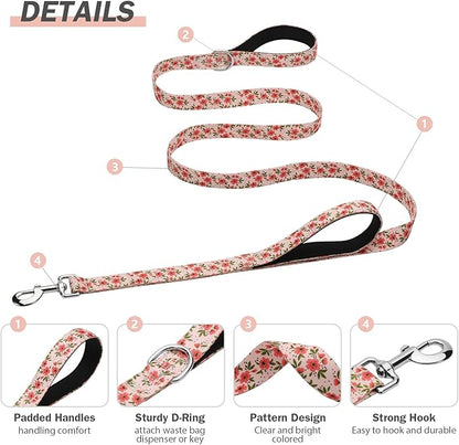 Hikiko Double Handle Dog Leash 6 Foot Cute Girl Padded Traffic Handles for Walking Training (Cream Natural Floral, 6ft)